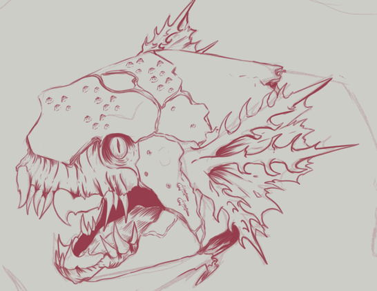 A close up of a digital sketch of pathfinders Brine Dragon with an added influence of Dunkleosteus