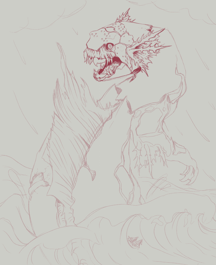 A wip of an illustration of pathfinders Brine Dragon with a dunkleosteus influence. The dragon is looking over its shoulder as its pushed it self out of the water. There will be a ship caught in the waves at the bottom and it'll be storming once the piece is finished!