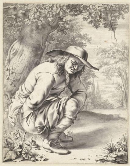 Een man doet hurkend zijn behoefte bij een boom, Jan van Mieris, 1670 - 1690