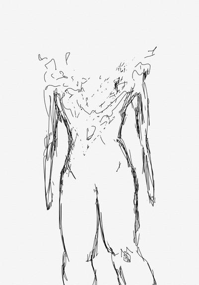 Person from knees up, with arm bones and a large V shape edge from shoulders to mid-torso where it dissolves upward.