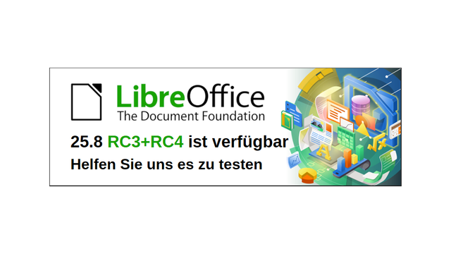 LibreOffice Logo; 25.8 RC3+RC4 ist verfügbar; Helfen Sie uns es zu testen