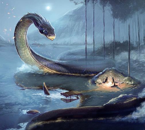 A giant serpent, head rearing curiously, coils around a small group of humans and their campfire upon a beach, between a woods and a lake.