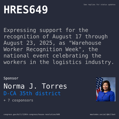 Description of HRES649, and a depiction of its sponsor, Norma J. Torres.