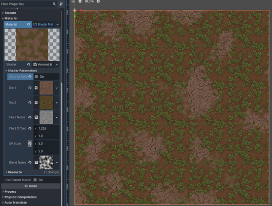 Screenshot of the godot editor with the spader on a 2D surface. In this screenshot the repetition blending is not active. Making it easy to see repetitions.