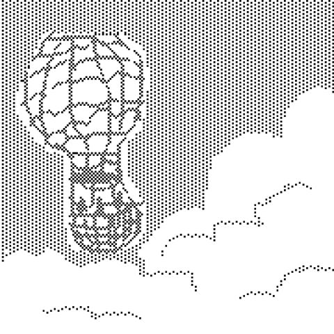 a black and white pixelly drawing of a hot air balloon rising over the clouds