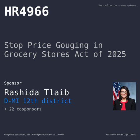 Description of HR4966, and a depiction of its sponsor, Rashida Tlaib.
