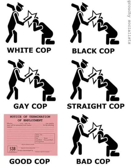 The image consists of six black and white stick figure illustrations depicting different types of police officers, each labeled with a specific descriptor. The top row shows "WHITE COP," "BLACK COP," and "GAY COP," while the bottom row features "STRAIGHT COP," "GOOD COP," and "BAD COP." In each illustration, a police officer is depicted striking a kneeling figure with a baton, with a starburst symbol indicating impact. The bottom left corner includes a pink "NOTICE OF TERMINATION OF EMPLOYMENT" form, labeled "GOOD COP." The text "grouchy socialists" is vertically aligned on the right side of the image.
