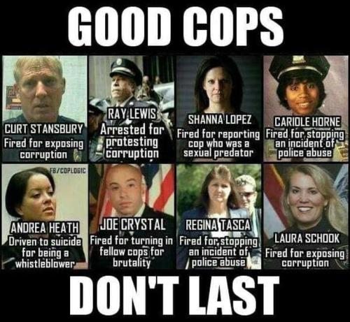 The image is a meme featuring a grid of nine photographs, each accompanied by a caption. The top row contains four images with the captions: "CURT STANSBURY Fired for exposing corruption," "RAY LEWIS Arrested for protesting corruption," "SHANNA LOPEZ Fired for reporting cop who was a sexual predator," and "CARIOLE HORNE Fired for stopping an incident of police abuse." The middle row includes "ANDREA HEATH Driven to suicide for being a whistleblower," "JOE CRYSTAL Fired for turning in fellow cops for brutality," and "REGINA TASCA Fired for stopping an incident of police abuse." The bottom row features "LAURA SCHOOK Fired for exposing corruption." The background is black, and the text is in white, with the title "GOOD COPS DON'T LAST" prominently displayed at the top and bottom of the image.
