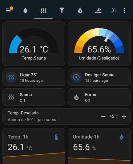 Home assistant page with sauna buttons and curves. On the right a gauge shows 10 different sections from yellow to blue.