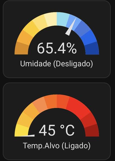 Two home assistant gauges with custom segments drawing a gradient from yellow to blue and another one in yellow to red