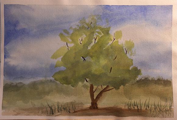 A simple landscape practice painting. A large tree stands at the center of the foreground, in the background is a hazy green field and tree line, above is an overcast sky with white clouds floating in a deep blue sky.