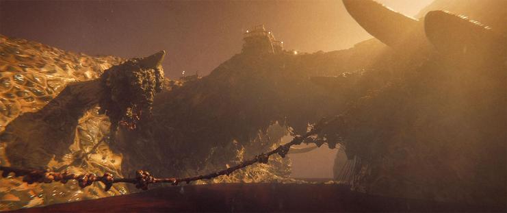 Wide shot, exterior, day -

A deep, blood-filled canyon with canine-like teeth growing from the walls.  A fleshy bridge crosses the space, and people have built a platform walkway and observation tower on top of the bridge.