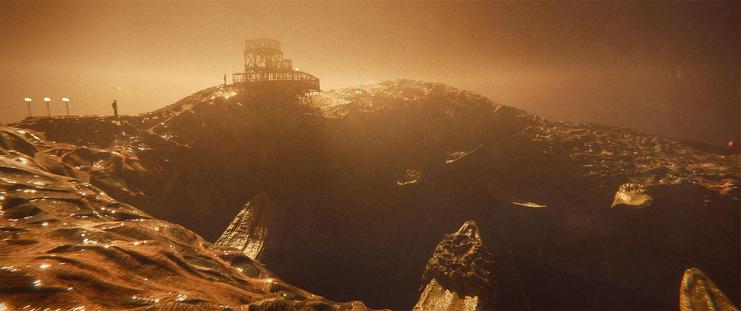 Wide shot, exterior, day -

A deep, blood-filled canyon with canine-like teeth growing from the walls.  A fleshy bridge crosses the space, and people have built a platform walkway and observation tower on top of the bridge.