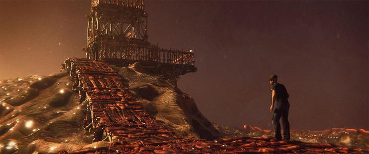 Wide shot, exterior, day -

A deep, blood-filled canyon with canine-like teeth growing from the walls.  A fleshy bridge crosses the space, and people have built a platform walkway and observation tower on top of the bridge.