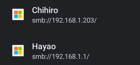 The bottom portion of the Files app’s sidebar shows a menu with two Samba shares, Chihiro and Hayao, with their IP addresses.