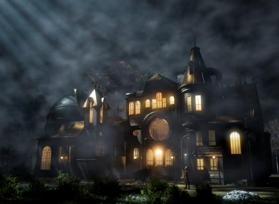 The image shows a large, ornate Victorian-style mansion at night, shrouded in a thick, eerie mist. The building is grand, with turrets, domed roofs, arched windows, and intricate architectural details. Warm golden light glows from nearly every window, cutting through the surrounding darkness. Soft moonlight streams down from the upper left, filtering through the mist and highlighting parts of the scene. In front of the mansion, a small figure in a space suit stands looking up at the building, adding an unusual sci-fi twist to the otherwise Gothic setting. A wooden cart sits abandoned on the path nearby, while dense shrubs and trees loom in the background, partially obscured by fog. The mood is mysterious and atmospheric, blending a haunted house aesthetic with surreal, otherworldly elements.