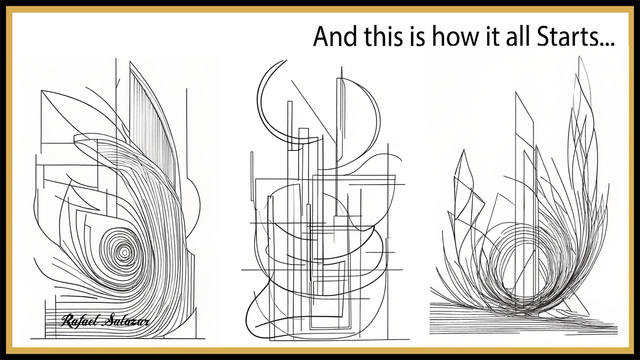 Triptych of black line art drawings by Rafael Salazar showing geometric and abstract shapes, suggesting the initial stages of an artwork’s creation. Rafaelsalazar.com