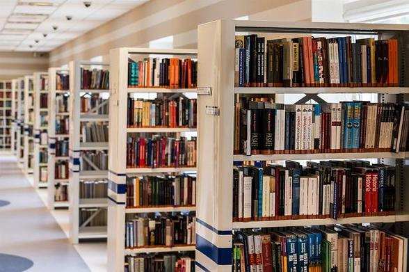 A library with stacks of books.