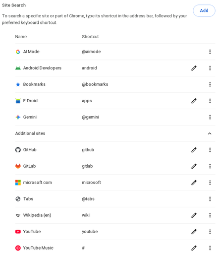 My address bar keyboard shortcuts in Google Chrome settings. To site search, I added "android" (Developers), "apps" (F-Droid), "github", "gitlab", "microsoft" (Microsoft . com), "wiki" (Wikipedia), "youtube" and "#" (YouTube Music, as the symbol's use of a musical sharp). Additional shortcuts refer by the at symbol "@" then a name, to use features of Chrome from searches typed in the address bar.