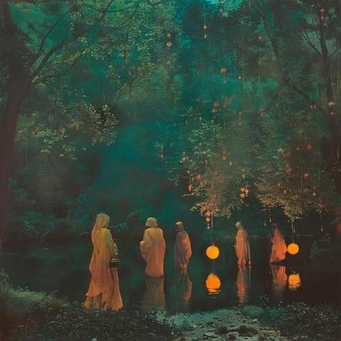 Art by Jomar Machado - Five figures in orange robes and hoods wading through a pool under trees. They bear two round orange lanterns with them.