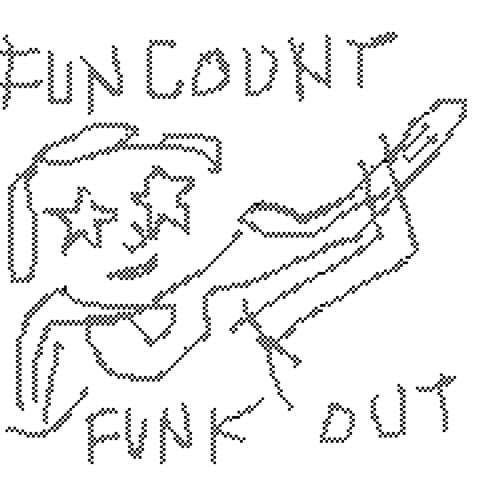 a strange pixelly doodle in black and white. a star eyed, expressionistic lad is either dabbing or playing a bass and lines that could be his arms or a fashion sweater are indeterminate. the words ‘fin count’ are written above and ‘funk out’ below