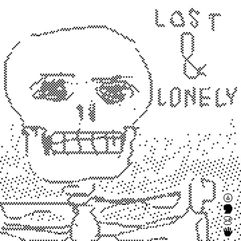 a black and white pixelly drawing of a skeleton from the shoulders up with some floating text: ‘lost & lonely’. in the corner, a stack of four makers mark symbols.