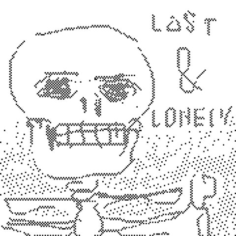 a black and white pixelly drawing of a skeleton from the shoulders up with some floating text: ‘lost & lonely’