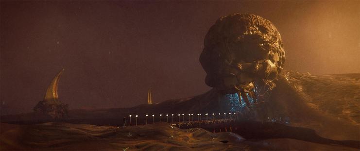 Wide shot, exterior, day -

A giant skull with half rotten flesh dripping from its sides sits propped up against a mound of the fleshy ground of the Gore Fields.  A cool blue light emits from within the mouth opening.  A walkway and stairs have been built to cross the blood lake in front of the skull and up into it's cranial cavity, where the light comes from.