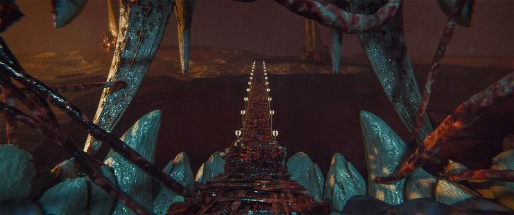 Wide shot, exterior, day -

Reverse shot looking outward from the platform inside the skull towards the blood lake.