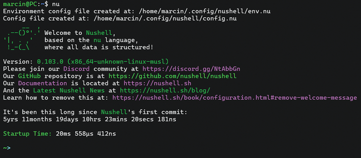 The welcome screen confirms that the environment and config files were initialized