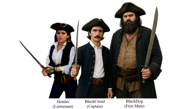 A picture of three pirates

Slender
(Lieutenant)
A smartly dressed, pretty young lady aged about 20, wielding a rapier

BlackCloud
(Captain)
A short, slim smartly dressed man with a moustache, wielding a rapier

BlackDog
(First Mate)
A big, ugly man with a full beard, wielding a broadsword

images on social media serve only as visual clues and might not be present in the book

copyright © Scott Rochester 2025

Novel due out on 30 Sep 2025