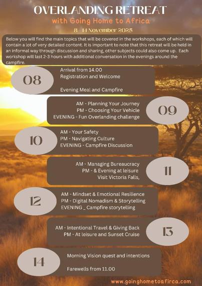 The proposed schedule for a women's only retreat about overlanding being held in Zimbabwe