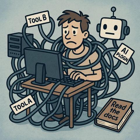 Software Engineer on a computer, overwhelmed by tools.