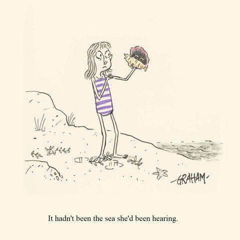 A cartoon illustration of a girl looking scared at the little eyes in a dark shell she's holding on a beach. Caption reads "It hadn't been the sea she'd been hearing."