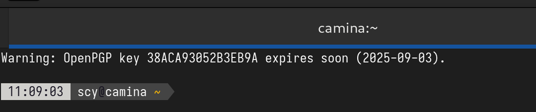 A fresh terminal tab. Before the initial "scy@camina ~" shell prompt, there's a line saying "Warning: OpenPGP key 38ACA93052B3EB9A expires soon (2025-09-03)."