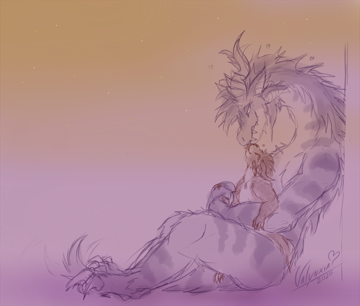 A large drake holding their partner, a charr, in their arms while they're kissing each other