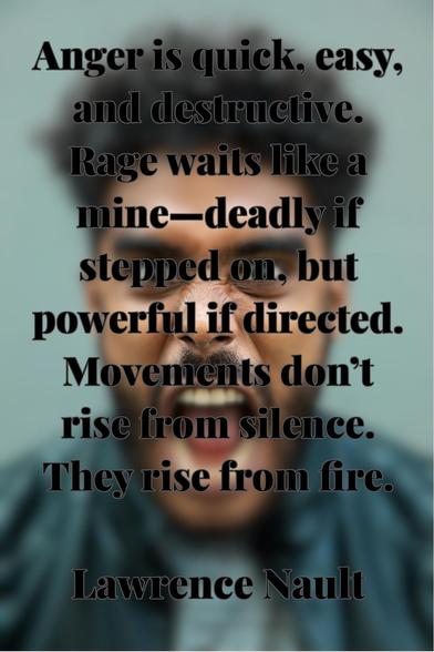 A quote card with the blurred image of a man yelling, and the quote "Anger is quick, easy, and destructive. Rage waits like a mine—deadly if stepped on, but powerful if directed. Movements don’t rise from silence. They rise from fire. - Lawrence Nault"