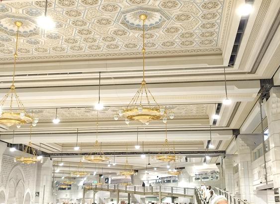 This is inside view of Masjid-Al-Haram. The Grand Mosque in Mecca, Saudi Arabia. The Interior of the mosque is looking like a palace. There are many decorative lights. Other decoratives items with golden colour. The mosque looks so amazing.
