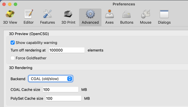 Screenshot of the OpenSCAD Preferences window with the Advanced tab being selected.

The section "3D Rendering" has the Backend ComboBox set to the value "CGAL (old/slow)" which can still be selected to revert to the graphics engine that has been driving OpenSCAD for many years.
