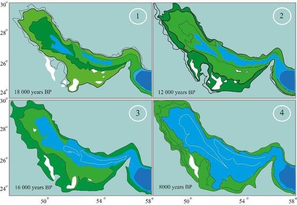 Cuatro mapas del golfo Pérsico hace 18000, 16000, 12000 y 8000 años (aunque parece que la segunda y tercera fecha está intercambiada). Donde antes había dos lagos, entre el mar y lo llena.