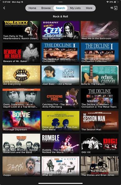 A screenshot from the Kanopy app showing the first 21 of the rock documentaries available for watching.