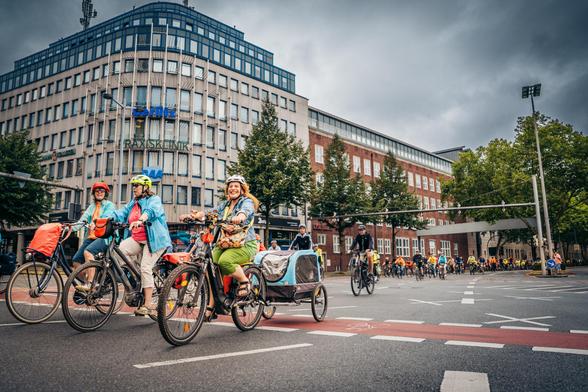 Das Foto zeigt aus erhöhter Perspektive eine große Fahrraddemonstration an einem sonnigen Tag. Hunderte Radfahrende füllen eine breite, von hohen grünen Bäumen gesäumte Straße. Der lange Zug der Fahrräder erstreckt sich vom Vordergrund bis in die Ferne, wo am Ende ein Polizeiauto zu sehen ist.
© Malik Pätzold