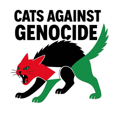 Drawing of a cat in the colours of the Palestinian flag, captioned "cats against genocide"