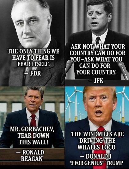 4 Panel meme (photos with captions)

1- FDR: "THE ONLY THING WE HAVE TO FEAR IS FEAR ITSELF"

2- JFK: "ASK NOT WHAT YOUR COUNTRY CAN DO FOR YOU -- ASK WHAT YOU CAN DO FOR YOUR COUNTRY"

3- RONALD REAGAN: "MR. GORBACHEV, TEAR DOWN THIS WALL!"

4- DONALD J - "J" FOR 'GENIUS' TRUMP: "THE WINDMILLS ARE DRIVING THE WHALES LOCO."