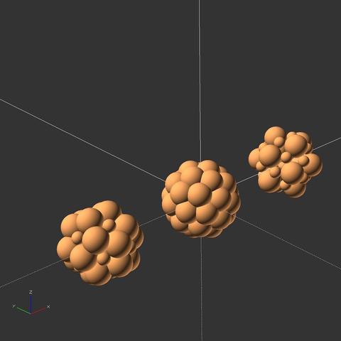 openscad render view of spheres packed to bigger spheres using the geometry of a dodecahedron and an icosahedron