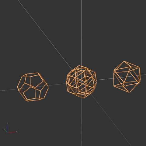 openscad render view of wireframe like models of a dodecahedron left, an icosahedron right and the combination in the middle.