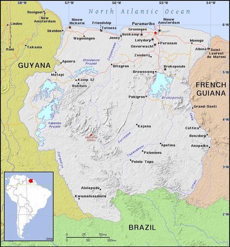 A map showing the location of Suriname
Credit https://ian.macky.net/pat/