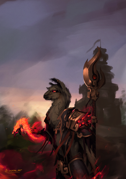 digital illustration depicting an anthropomorphic llama wearing black robes while holding a bladed(kind of flame shaped blade) golden staff on his back.The character has his right hand lifted, conjuring some sort of fire serpent that's coiling around it. The character also sports some flowery tattoos, which are glowing orange-red near the summoned fire thing. The left pauldron is glowing and has energy flowing towards the right arm enveloping the character. A temple can be seen on the background.