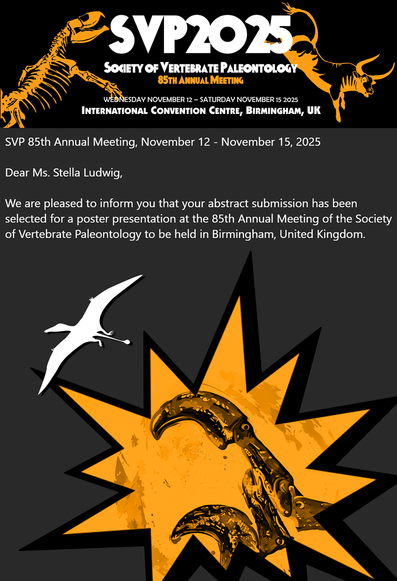 Image showing the SVP2025 banner above an email excerpt confirming the acceptance of an abstract for a poster presentation. Below is a stylised drawing of pterosaur claws and the silhouette of a flying pterosaur.