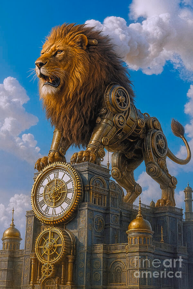 This image (digital art) shows a massive steampunk or mechanical lion standing proudly on top of an ornate, intractly designed clocktower. The lion combines realistic features, such as a flowing mane and lifelike face, with intricate brass and mechanical elements integrated into its body. The clocktower beneath it is adorned with large gears, domes, and Roman numeral clock faces, set against a bright blue sky filled with fluffy clouds. The scene blends realism with fantasy, creating a majestic guardian-like presence.

By Kaye Menner
https://kaye-menner.pixels.com/featured/guardian-of-time-the-steampunk-lion-by-kaye-menner-kaye-menner.html

THE FINE ART AMERICA LOGO WILL NOT APPEAR ON PURCHASED PRINTS OR PRODUCTS.
